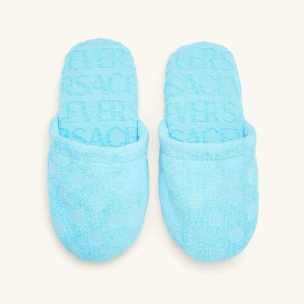 Versace S(5-6) La Vacanza Blue Bath Polka Dot Spa Slippers Terry Jacquard NWT - Picture 6 of 9